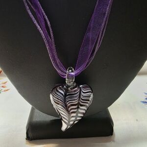 Handblown Glass Heart Pendant Necklace in Purple & White With Matching Earrings